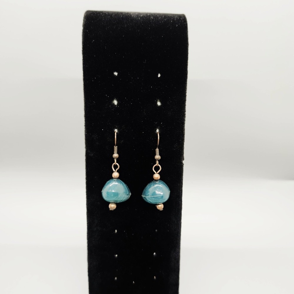 Teal Glass Bead Dangle Drop Earrings Copper Tone Fish Hook 1.4" Artisan Boho